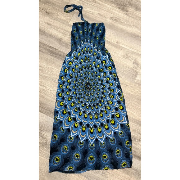 Dresses & Skirts - Womens Blue Peacock Feather Mandala Print Smocked Halter Neck Maxi Dress Boho